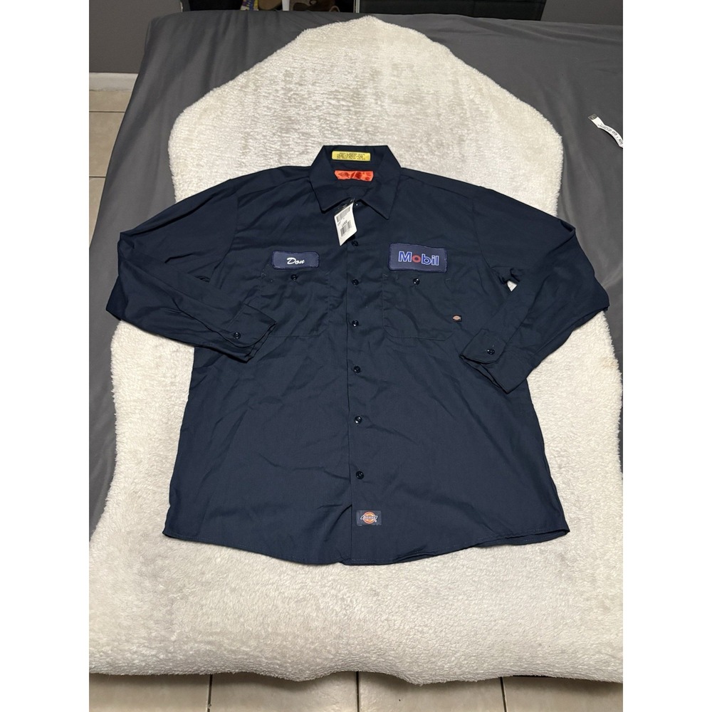Dickies Mobil Gas Work Shirt Mens Large L NWT Navy Long Sleeve Mechanic Don Patc